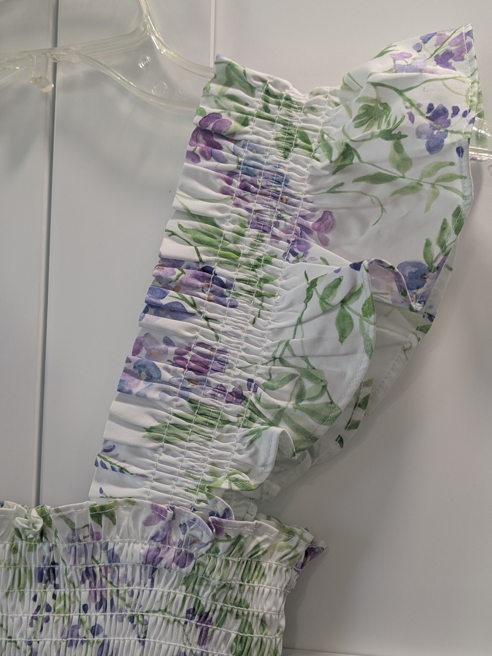 Hill House White Floral Smocked Ruffle Mini Dress in Lavender and Green - Picture 4 of 9